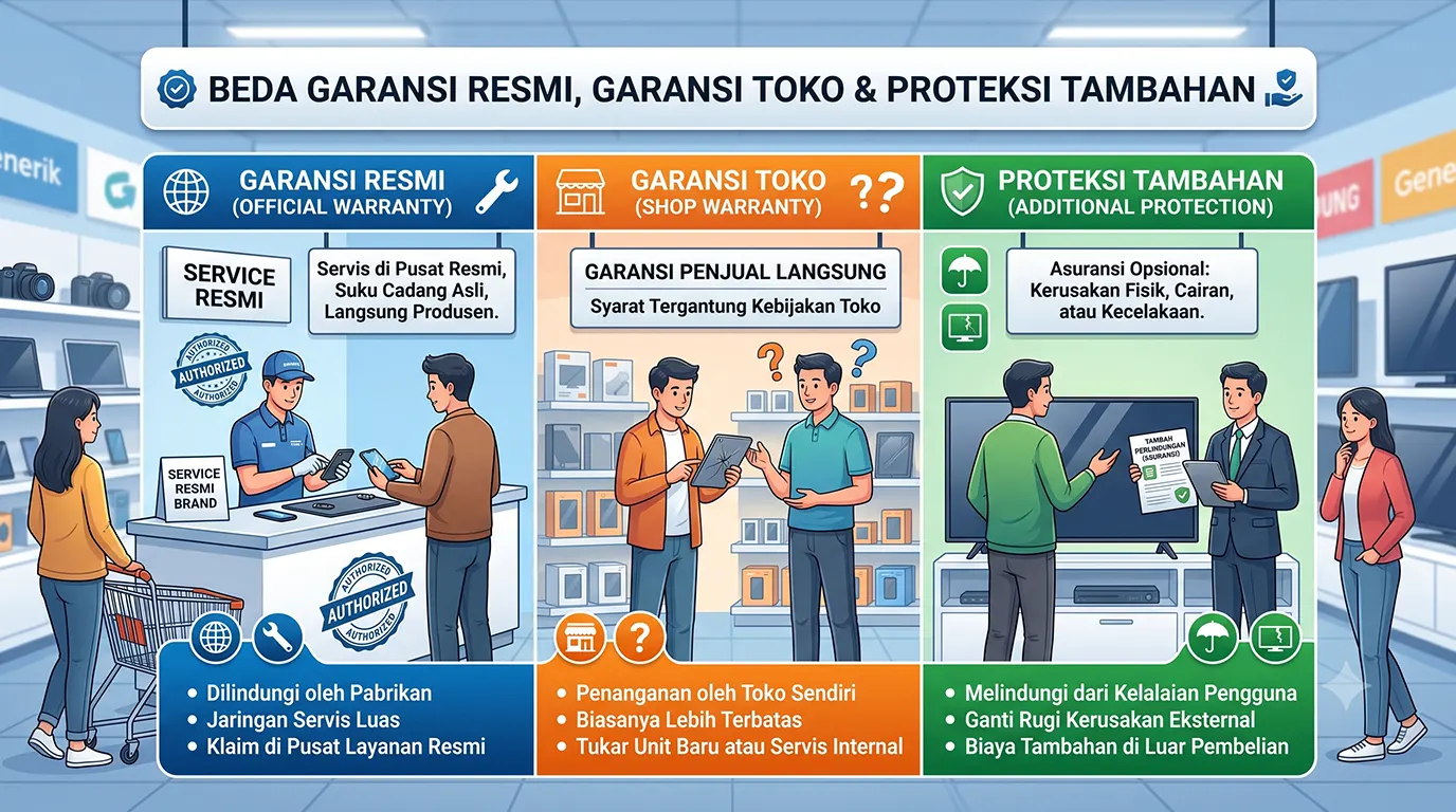 Kartu garansi resmi pabrikan dan fakturpembelian elektronik di atas meja