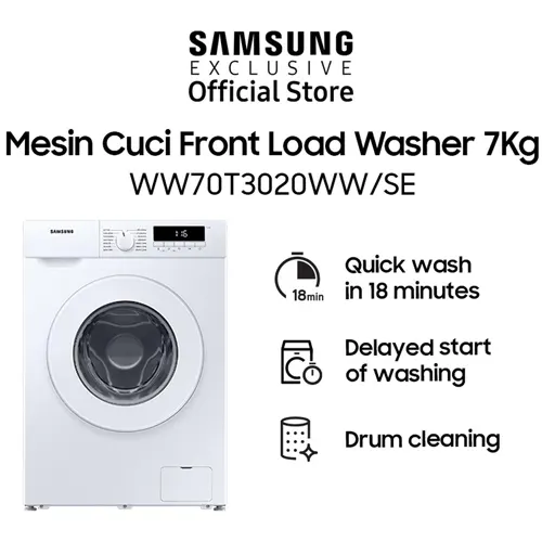 Samsung Mesin Cuci Front Loading 7 KG Quick Wash 18", Digital Inverter Technology, Drum Clean - WW70T3020WW/SE