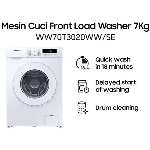 Samsung Mesin Cuci Front Loading 7 KG Quick Wash 18", Digital Inverter Technology, Drum Clean - WW70T3020WW/SE
