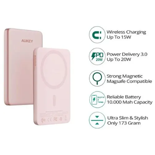 AUKEY MAGNETIC WIRELESS POWERBANK MAGSAFE 10.000 MAH PINK PB-MS08PK