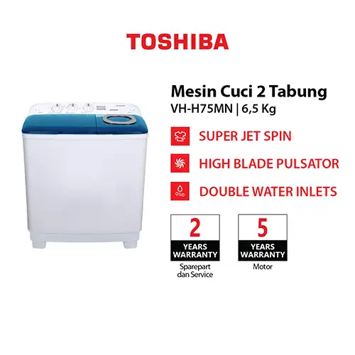 TOSHIBA MESIN CUCI 2 TABUNG SEMI AUTO WASHER 6.5 KG VH-H75MN