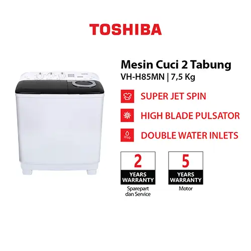 TOSHIBA MESIN CUCI 2 TABUNG SEMI AUTO WASHER 7.5 KG VH-H85MN