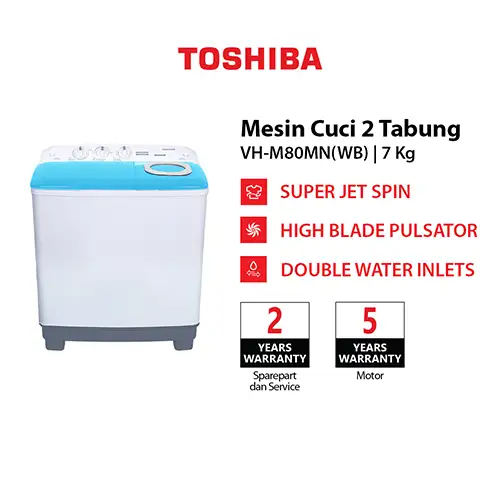 TOSHIBA MESIN CUCI 2 TABUNG SEMI AUTO WASHER 7 KG VH-M80MN(WB)