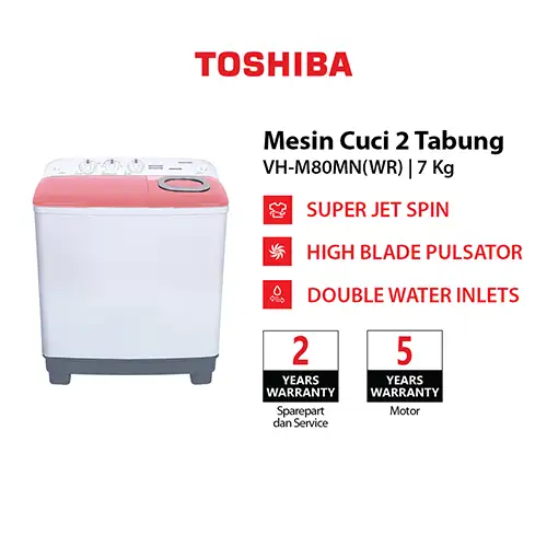 TOSHIBA MESIN CUCI 2 TABUNG SEMI AUTO WASHER 7 KG VH-M80MN(WR)