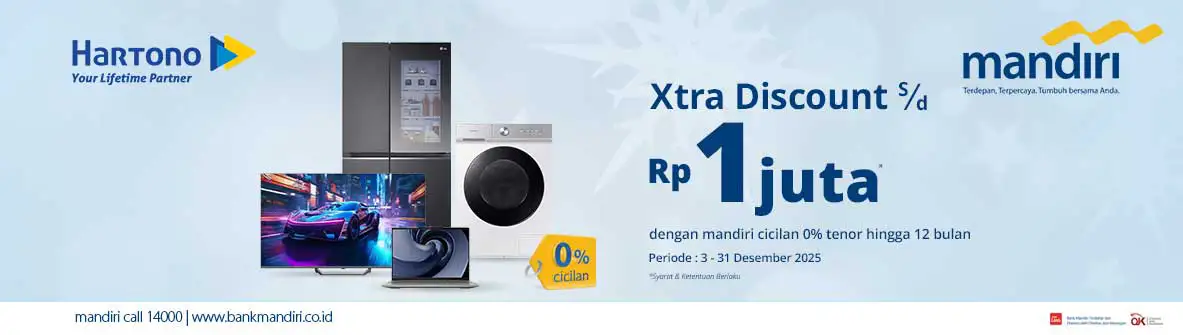 Belanja Elektronik Online Xtra Discount hingga 1 Juta dengan Kartu Kredit Bank Mandiri Cicilan 0% tenor hingga 12 bulan