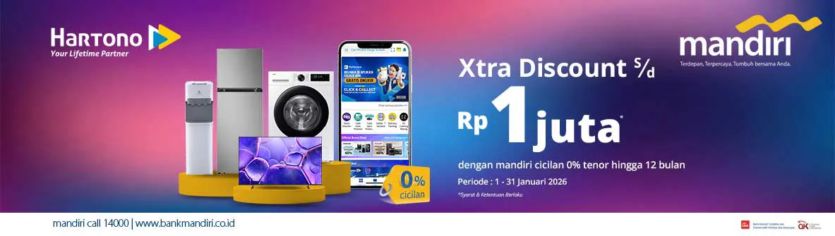 Belanja Elektronik Online Xtra Discount hingga 1 Juta dengan Kartu Kredit Bank Mandiri Cicilan 0% tenor hingga 12 bulan
