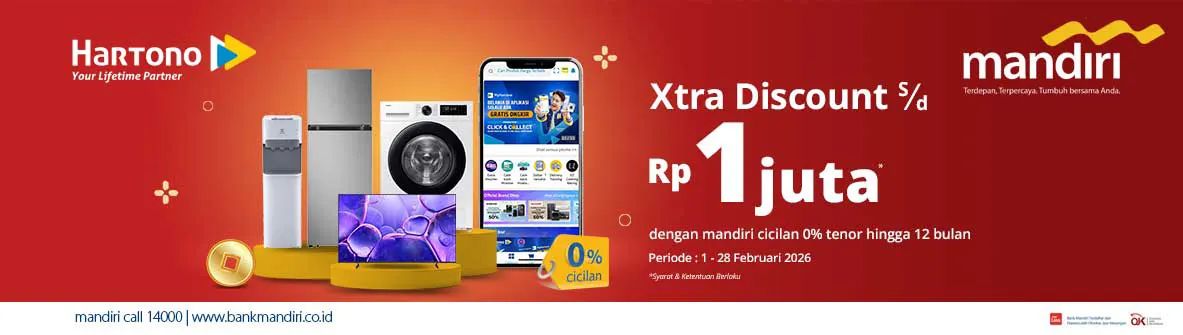 Belanja Elektronik Online Xtra Discount hingga 1 Juta dengan Kartu Kredit Bank Mandiri Cicilan 0% tenor hingga 12 bulan