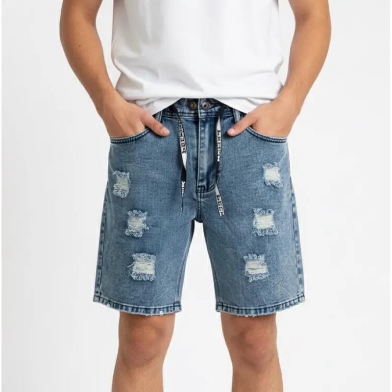 Celana Pendek Jeans Pria Sobek Denim Tali Premium