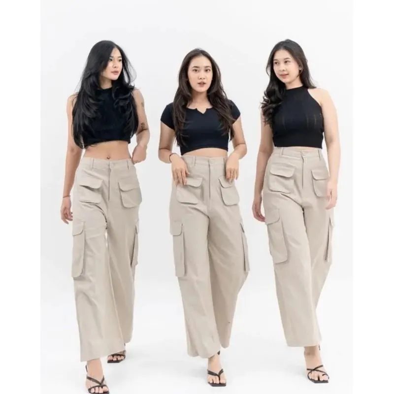 Celana Wanita Cargo hightwaist loose korean style