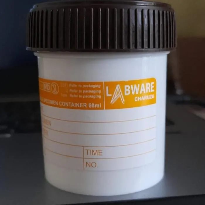 pot feses badan putih tutup dark brown 60 ml merk labware