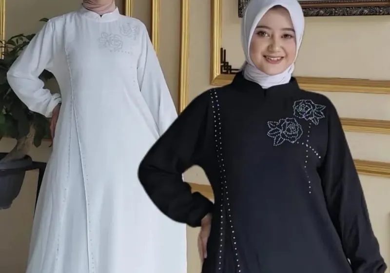 Gamis Muslim Wanita Elegan Ceruty Premium Swarovski Hitam Putih