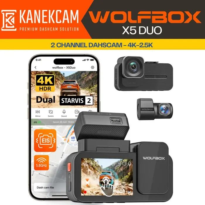 Dashcam Wolfbox X5 Duo Kamera Mobil Mirror 4K 2 Camera Sony Starvis IMX678 Anti Shake Tech