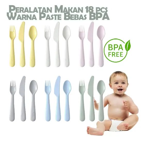 Peralatan makan set isi 18 warna Pastel campuran