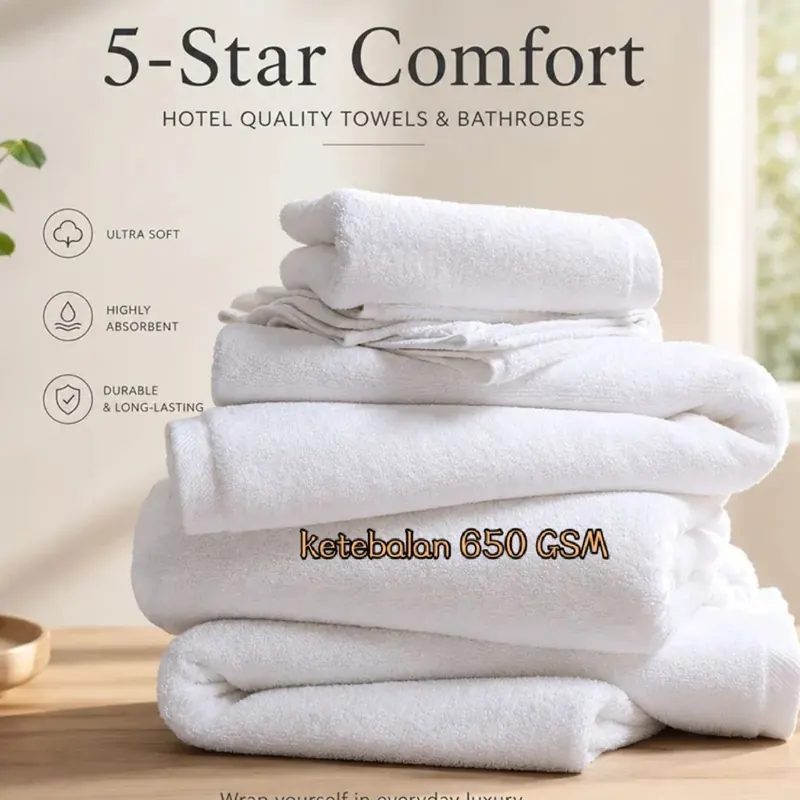Handuk Putih Hotel ukuran 75x145 cm tebal 650 GSM khusus dipakai bintang 5 dg harga, ati