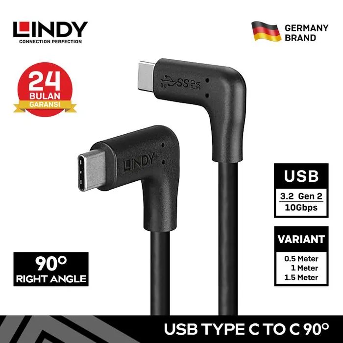 Kabel Data LINDY USB 3.2 C to C 2 X 90 Degree 10Gbps PD 2.0 60W Right Angle Cable