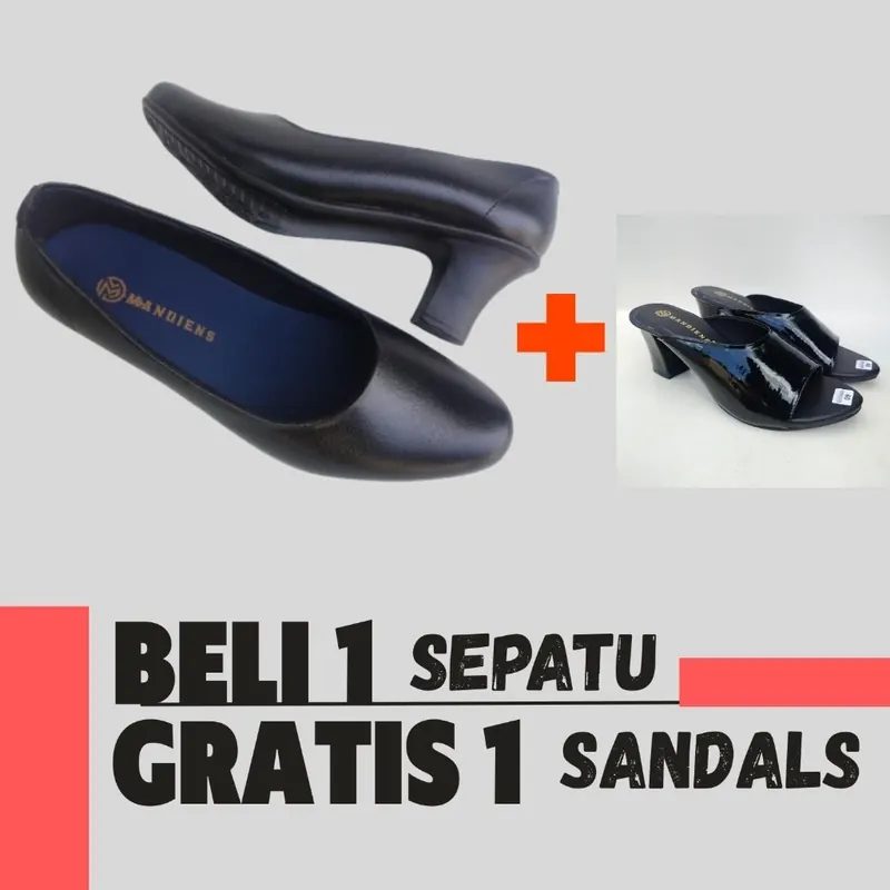 BELI 1 GRATIS 1 Sepatu Pantofel Wanita Hak 5 cm 7 Cm Hitam Pdh Polwan
