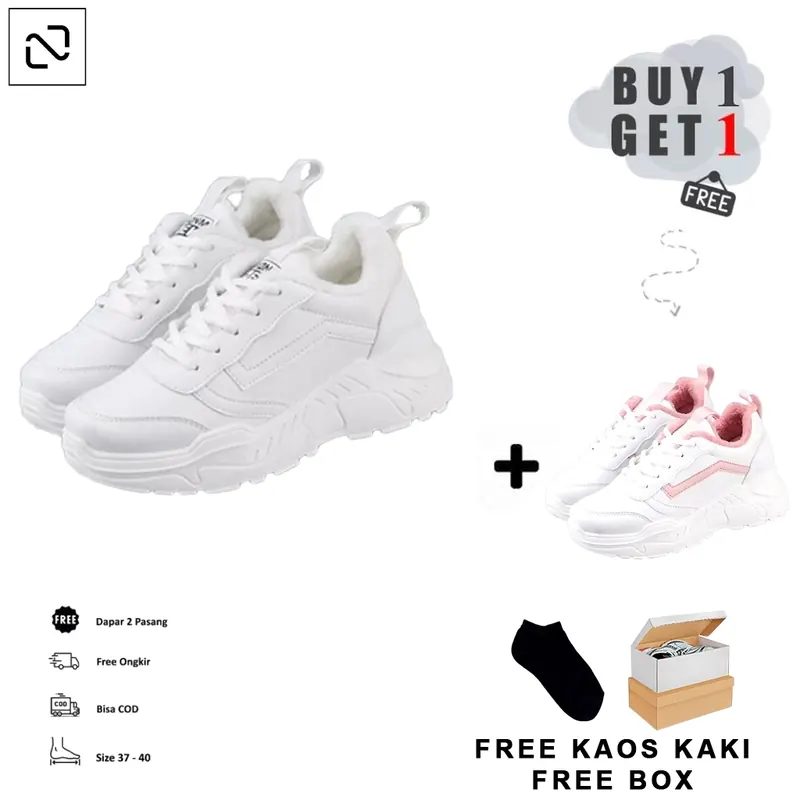 BACK TO SCHOOL Coek Beli 1 Gratis 1 Sepatu Wanita Warna Putih Pink 37-40 Free BOX & Kaos