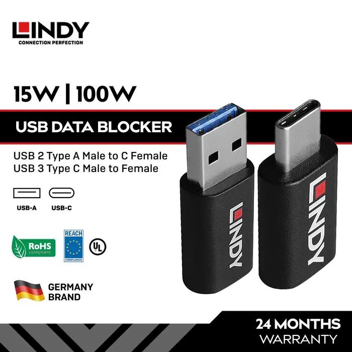 Lindy USB Data Blocker Secure Charging Adapter A ke C 15W / C ke C 100W Anti Theft