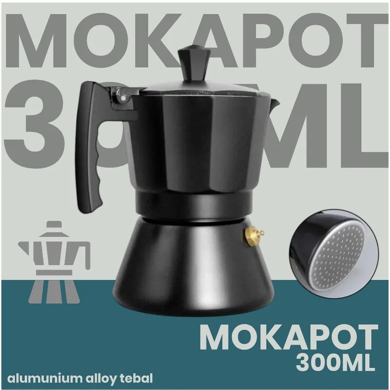 Moka Pot Aluminium 6 Cup (300ml) Hitam – Coffee Maker Manual Espresso Kompor Gas