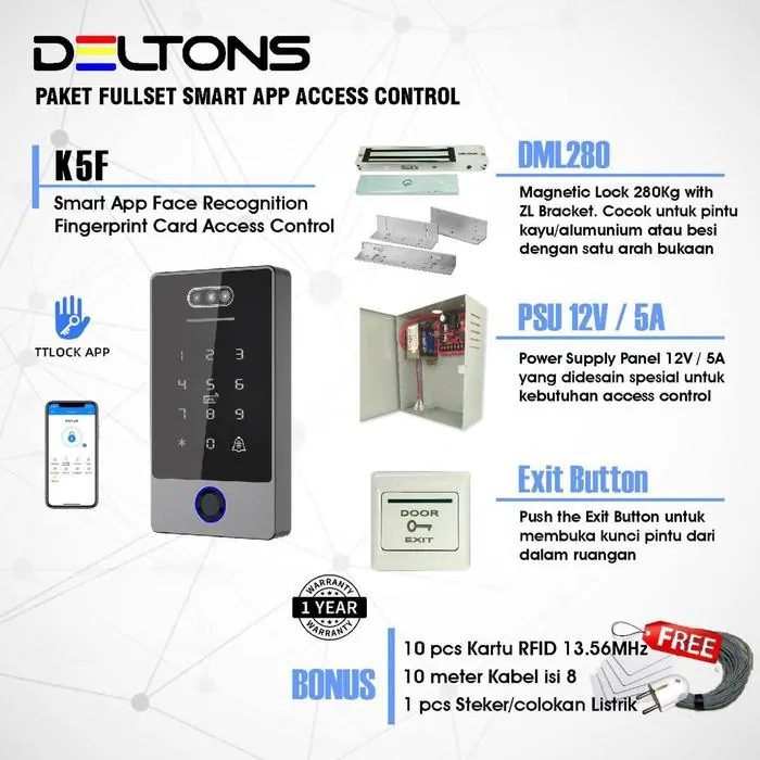 Deltons Paket Smart Access Control Door K5F Face Recognition Akses Wajah Magnetic Lock