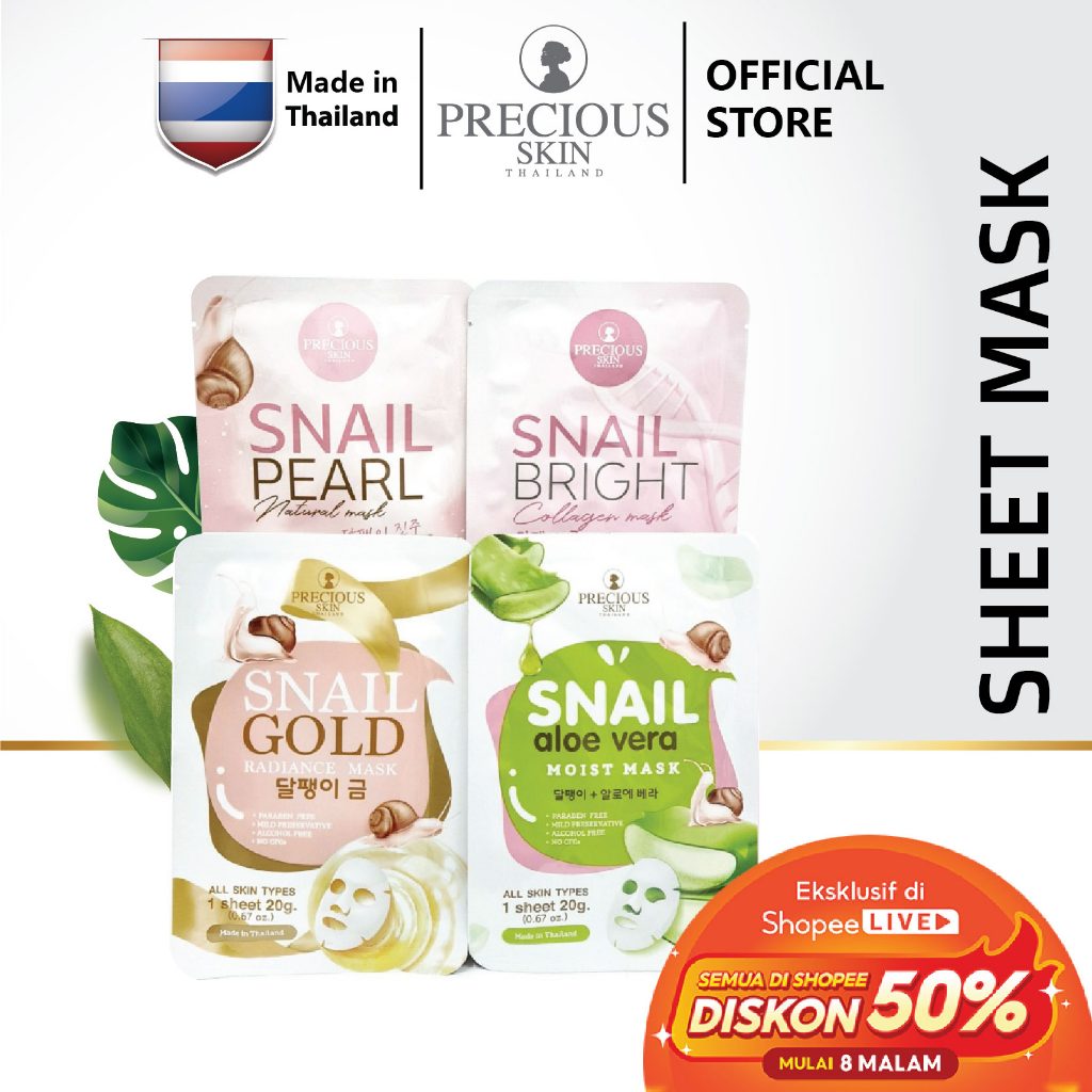 Precious Skin Thailand Snail Series Brightening Whitening Sheet Mask / Masker Wajah 20gr
