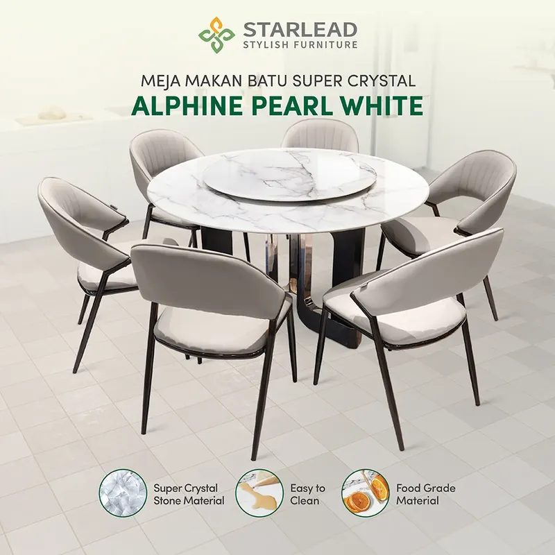 STARLEAD Meja Makan Super Crystal Alphine Pearl White - 130x75cm Dining Table Batu Kristal