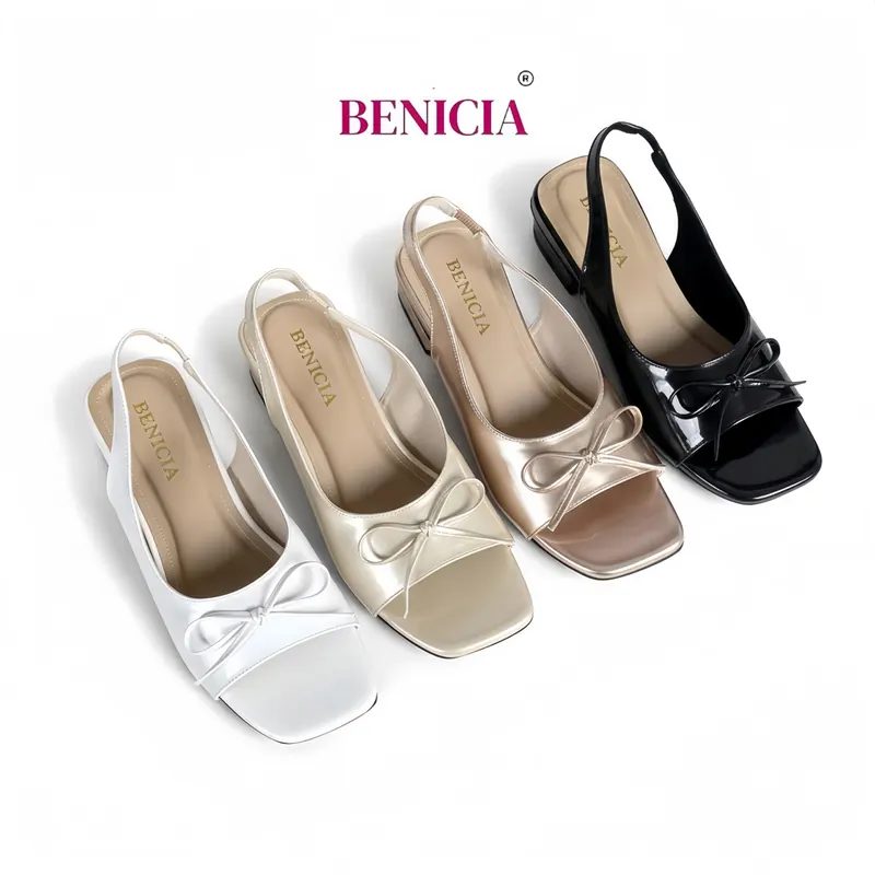 Sandal Heels Pita Wanita Hak 3cm Slingback Bow Premium Synthetic Leater Viencia