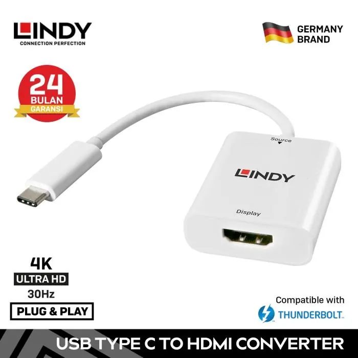 Lindy Converter Type C ke HDMI USB 3.2 4K 30Hz Adapter Kompatibel dengan Thunderbolt