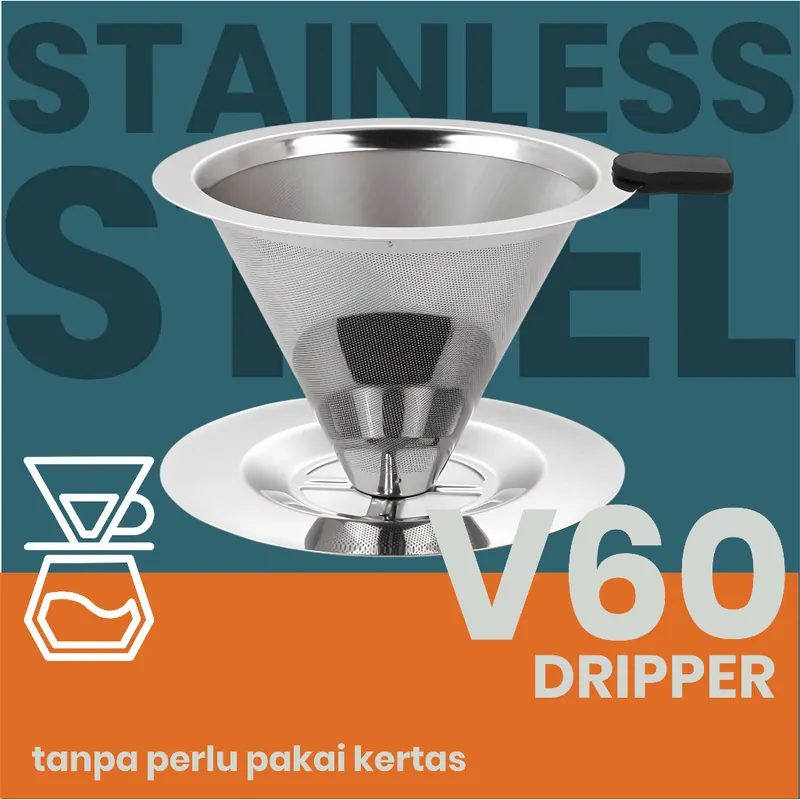 Dripper Kopi V60 Stainless Steel 02 – Reusable, Tanpa Kertas, Lipat & Praktis