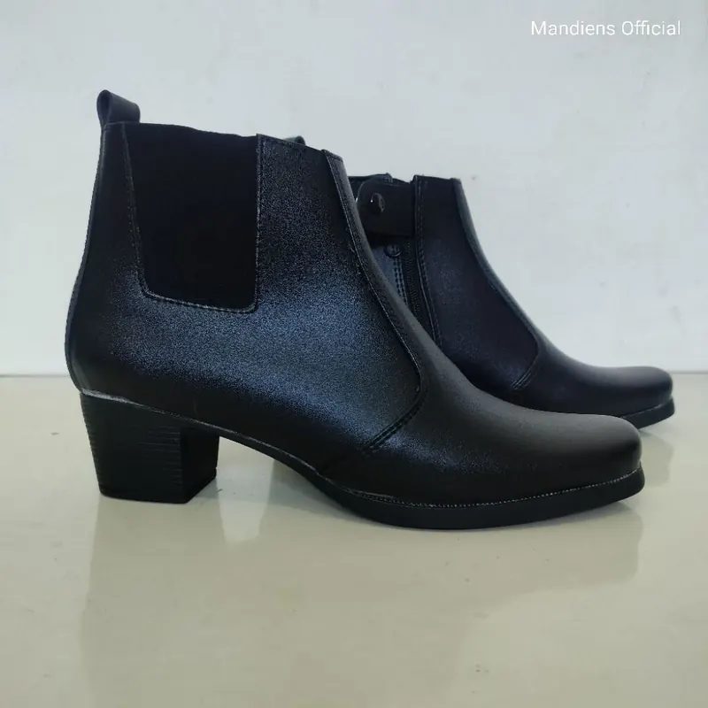 Mandiens EL14 - Sepatu Chelsea Boots Wanita pdh polwan secwan Satpam Heels Hitam Antislip