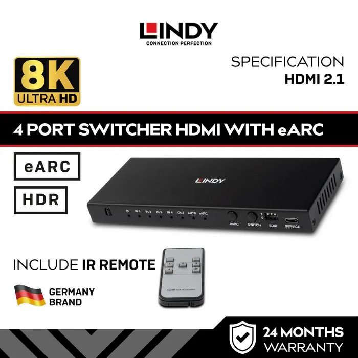 LINDY Switcher HDMI 4 Port 8K60 with eARC 2.1 48Gbps Auto-Switching HDR10+ Kompatibel