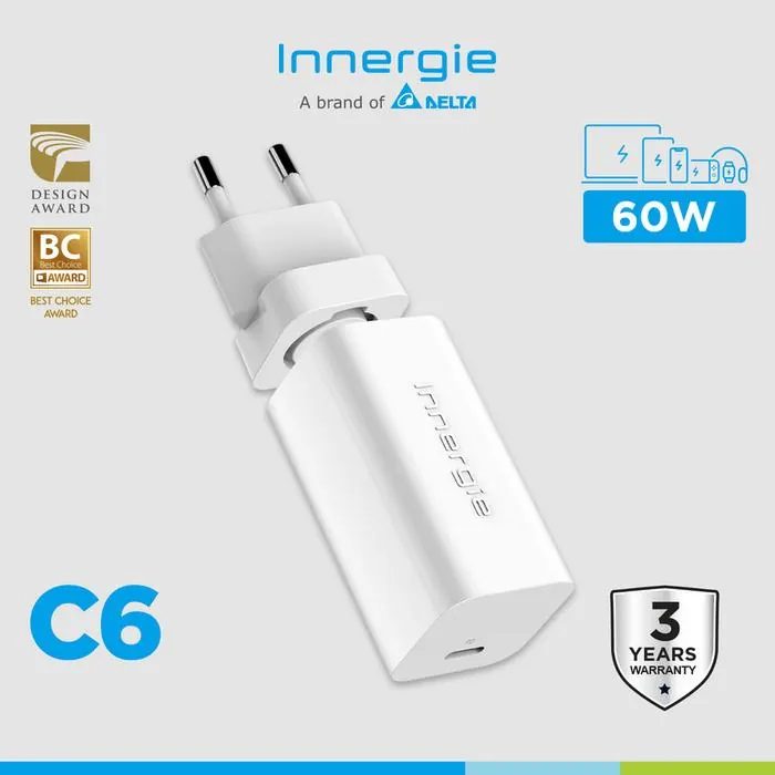 kepala Charger INNERGIE C6 60W Type C PD 3.0 GaN Fast Charging, Putih
