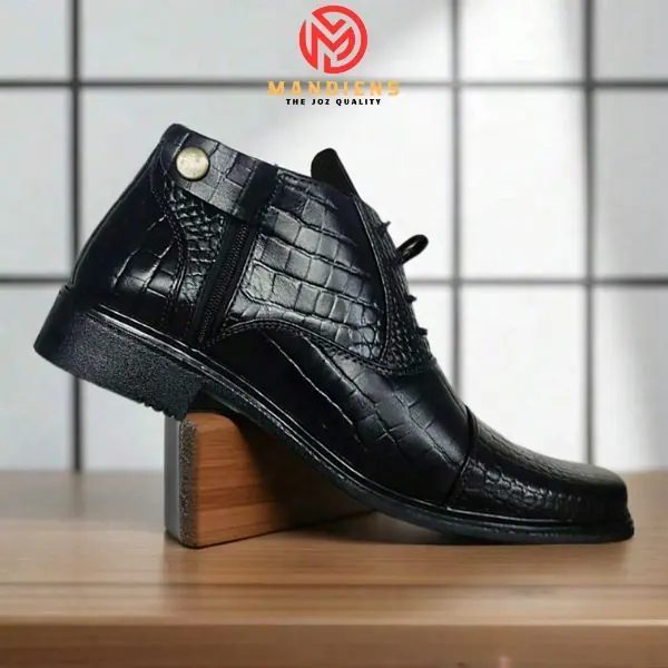 Medali BJ174FB Sepatu Pantofel Pria Kulit Asli Motif Buaya Semi Boots - Sepatu Pdh Pria Tni