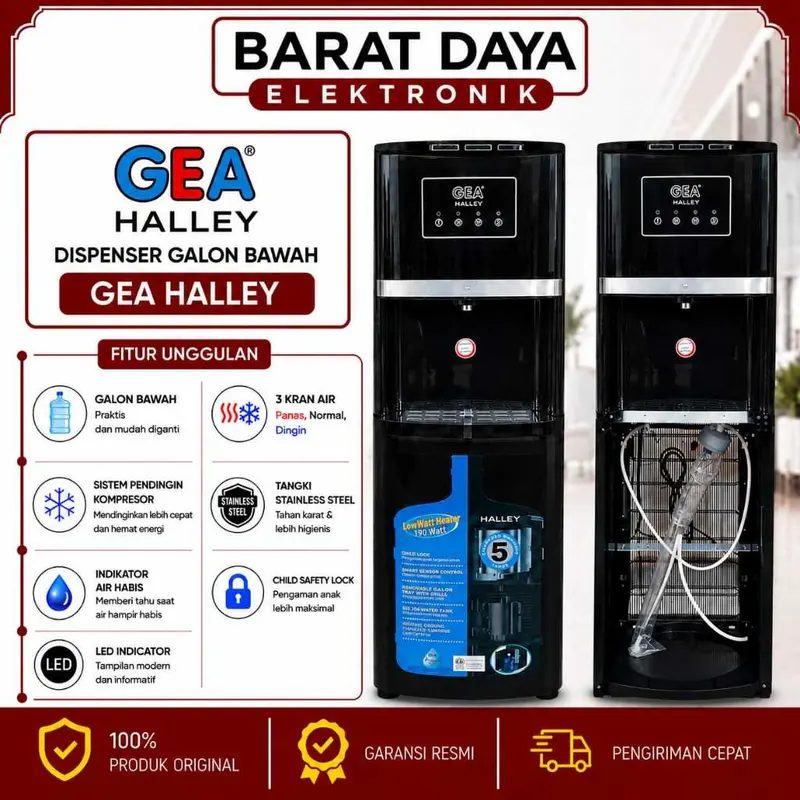 GEA Dispenser Galon Bawah HALLEY - 3 Tombol Panas Normal Dingin - Low Watt