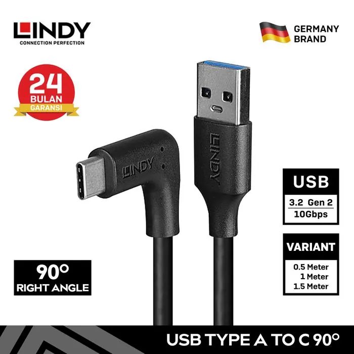 Kabel Type C LINDY USB 3.2 A to C 90 Degree 10Gbps 15W Right Angle Cable