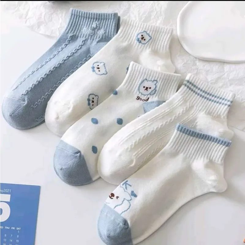5Pasang Kaos Kaki Pendek Wanita Ala Korea Motif Bear Biru Lucu Imut