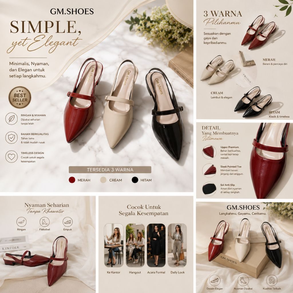 GM-Shoes Sepatu Wanita Hak 3cm Model Slingback Ujung Runcing Tali Gesper Cocok untuk