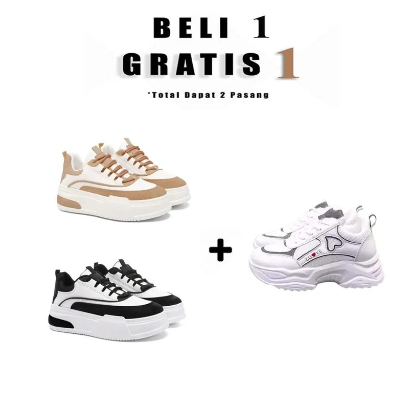 Beli 1 Gratis 1 Sepatu Sneakers Wanita 2 Warna Mocca Hitam Tahun ini