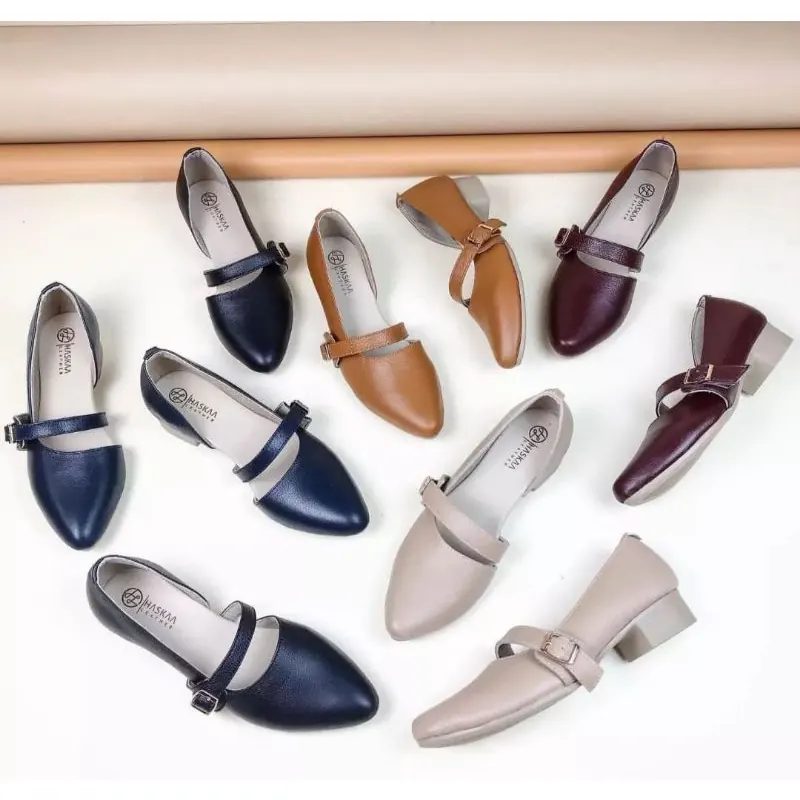 Sepatu pantofel wanita formal kulit sapi asli hak kotak 3cm