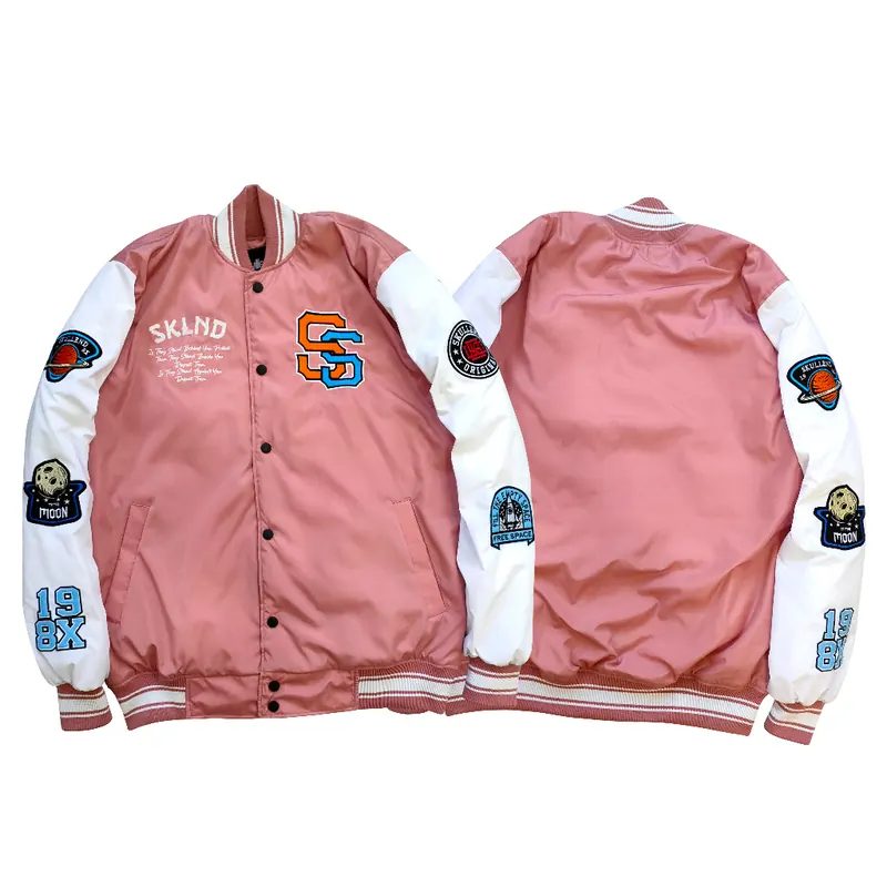 SKULLEND Jaket Varsity Baseball Vintage Original Unisex Pink - Putih