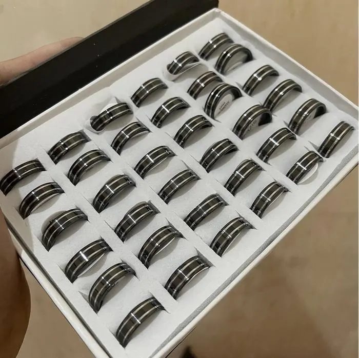 Cincin Titanium Hitam 2 Garis Silver Ukuran 16 S/D 19