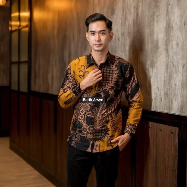 PRABU KUNING Kemeja Batik Pria Solo Lengan Panjang Motif Bahan Katun Lapis Furing Adem