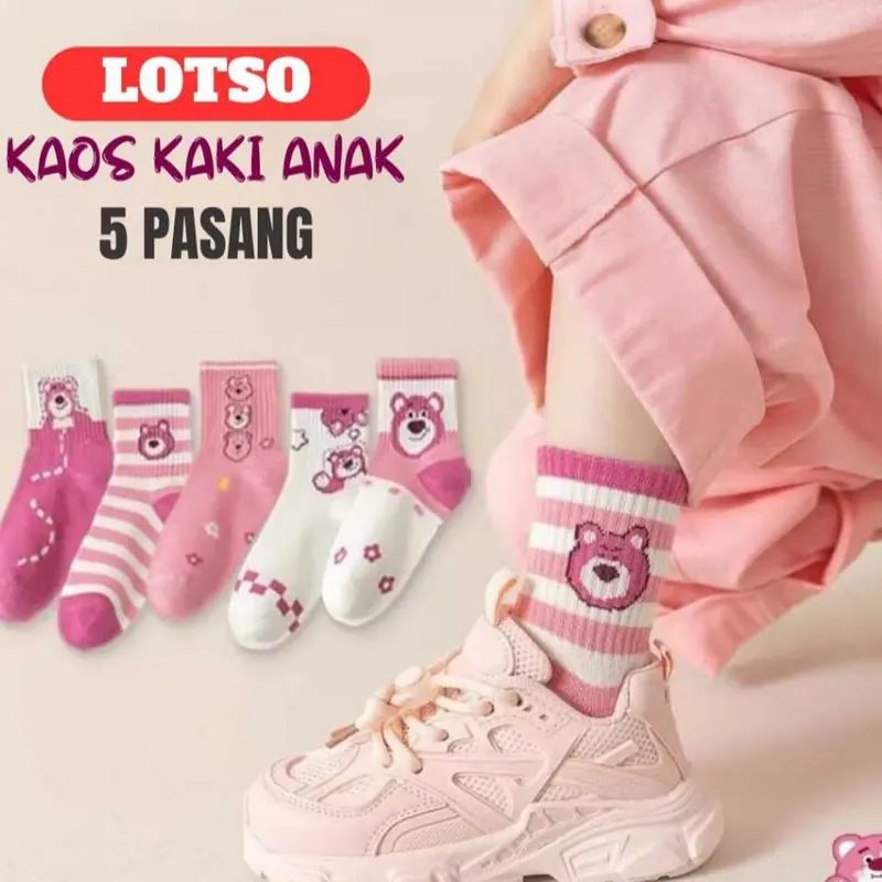 5PASANG Kaos Kaki Anak Perempuan Motif Pink Bunga Bunny Kuromi Lotso Umur 3 4 5 6 7 8