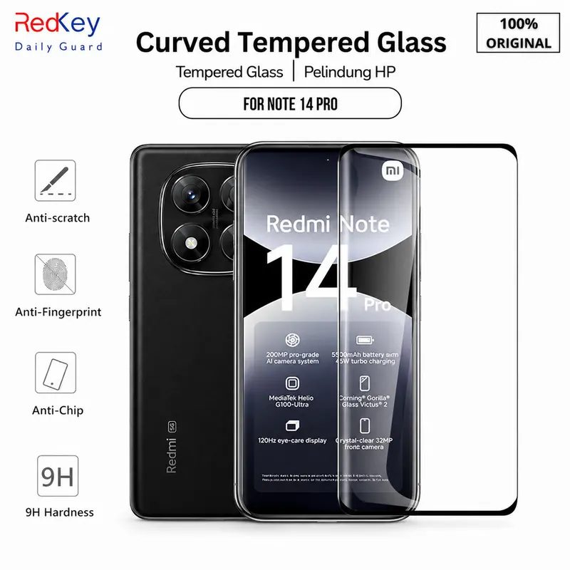 Redkey Tempered Glass Curve Redmi Note 13 14 15 Pro Plus 5G - Premium Anti Gores Kaca