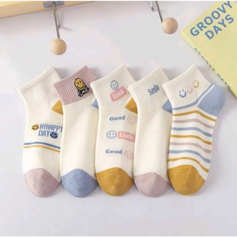5PASANG Kaos Kaki Pendek Wanita ALA Korea Motif Bunga Lucu Imut