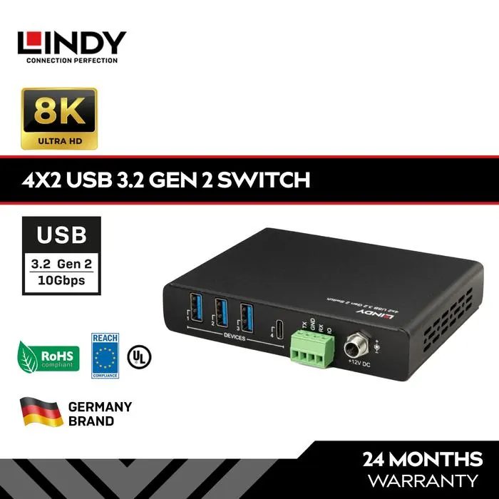 LINDY USB Sharing Switch 2 PC 4 Port 3.2 Gen2 10Gbps Type C RS232 Original, 43431