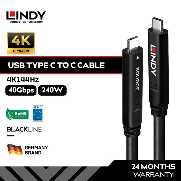LINDY Kabel Data USB Type C to C Aktif 10Gbps 4K 144Hz 8K 30Hz 60W PD DP 1.4, 10M 15M