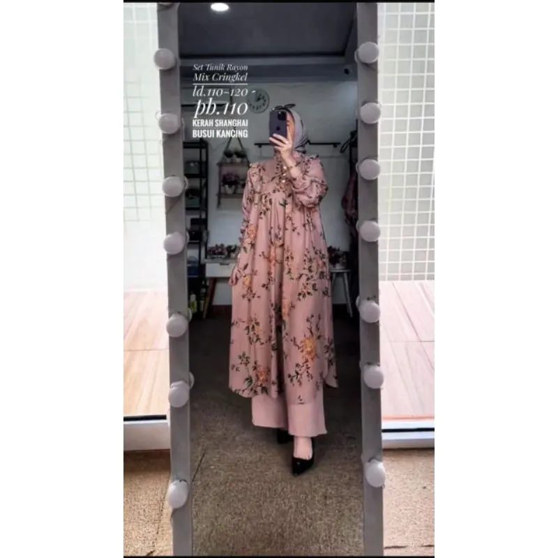 Set arumi Oneset midi long tunik Setelan panjang