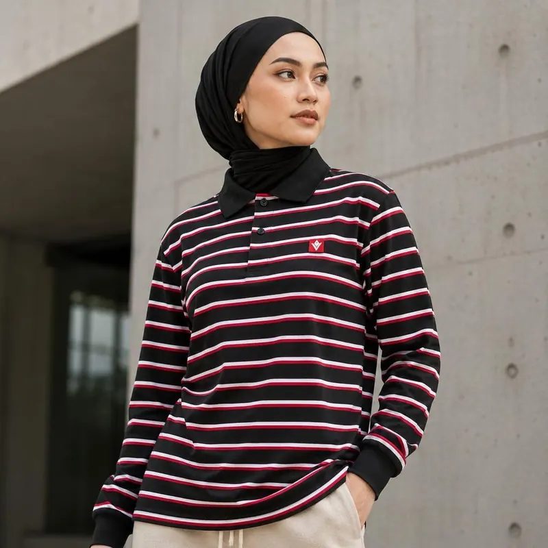 RUSKY - Rugby Kaos Oversize Motif Garis Berkerah Cotton 24s Atasan Wanita Stripe Polo