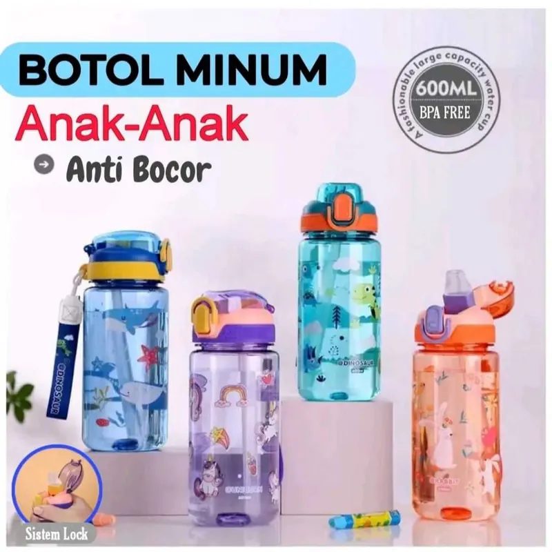 Botol Minum Anak Karakter Hewan Ukuran 600ML Bahan Tebal Tahan Panas / Sedotan FREE TALI